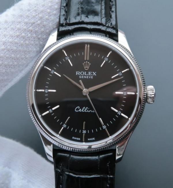 Rolex MK Cellini Time 50509 SS Black Dial Leather Strap A3165