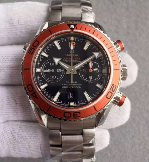 Omega Planet Ocean 45mm Chrono Orange Bezel Black Dial SS Bracelet A7750