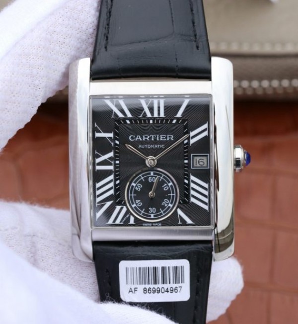 Cartier Tank MC SS Black Textured Dial Black Leather Strap