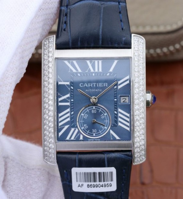 Cartier Tank MC SS Blue Textured Dial Diamonds Bezel Leather Strap