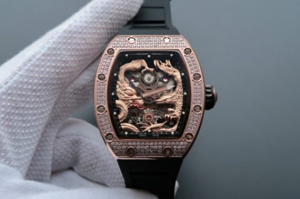 Richard Mille RM057 Dragon Phoenix RG Case Diamonds Bezel RG Dial Black Rubber Strap