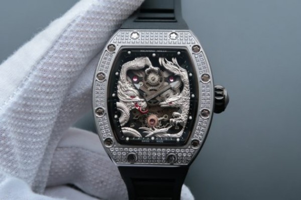 Richard Mille RM057 Dragon Phoenix SS Case Diamonds Bezel Silver Dial Black Rubber Strap