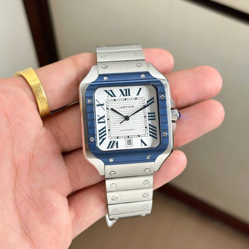 Cartier De Santos Blue Bezel White Dial - gallery