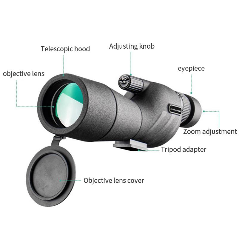 25-75x60 HD Spotting Scope Powerful Monocular Zoom Telescope Prism Waterproof for Birdwatching Target Shooting Camping