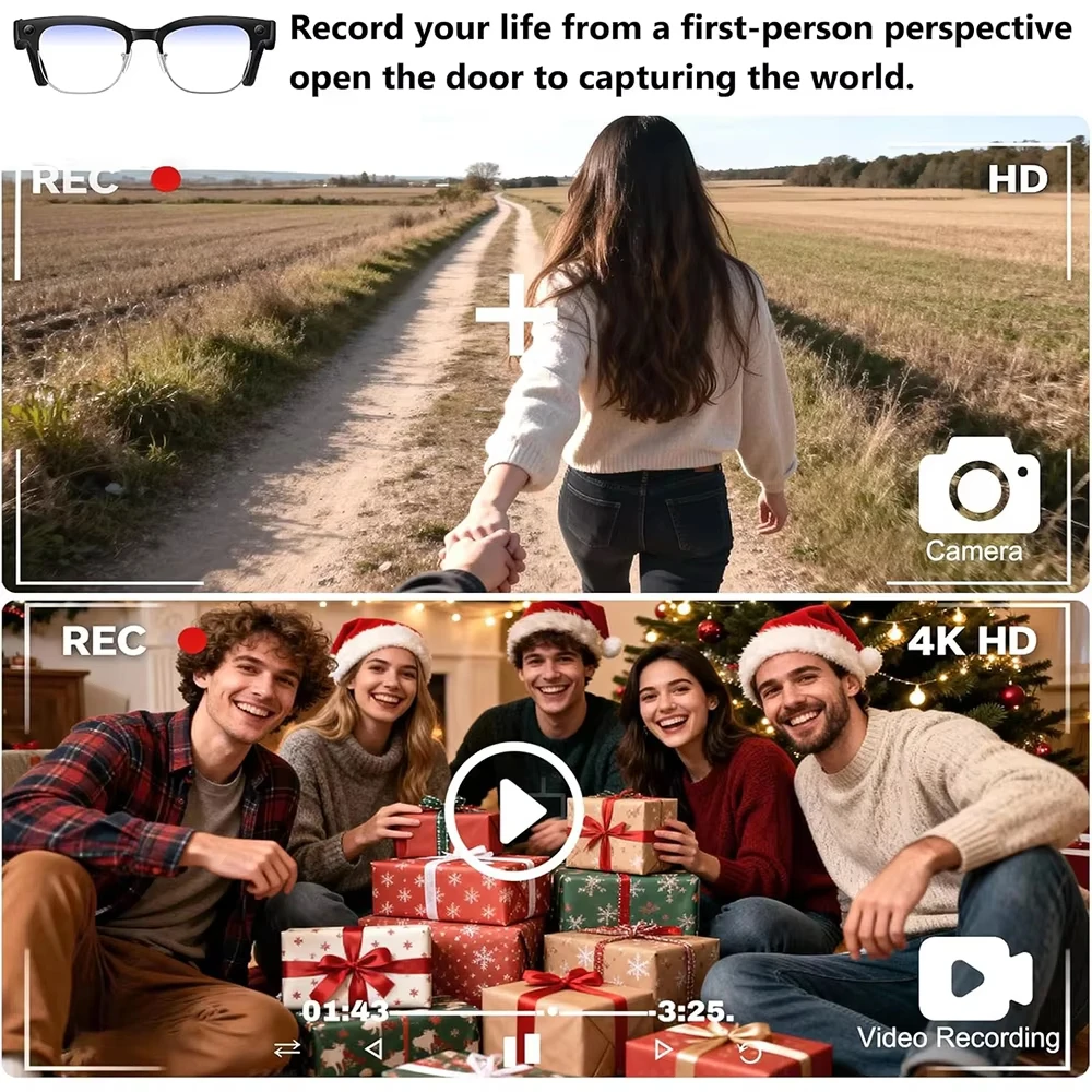 2026 New 8MP Ultra-Wide HD Camera Smart Glasses Video Record 4GB AI Photo Recognition BT Call Translation Voice Smart Glasses