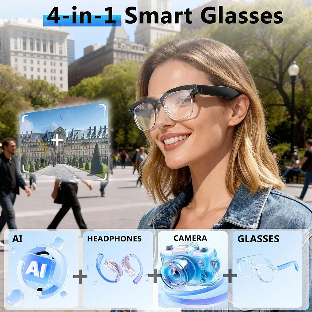 New 1080P HD Smart Glasses With 800W Ultra-Wide Camera Video Recording 4GB AI Photo Recognition Bluetooth Call Translation Voice