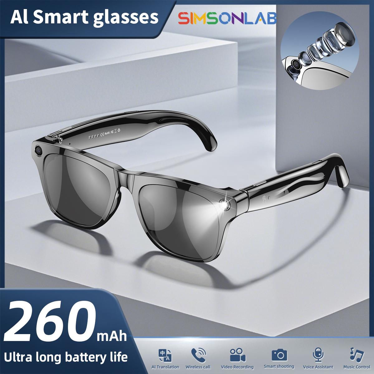 Smart Glasses Voice Assistant BT Call AI Translation Music Earphones HD Camera Video Recording Fashion Sunglasses For Men Women Bluetooth Local Wearable White