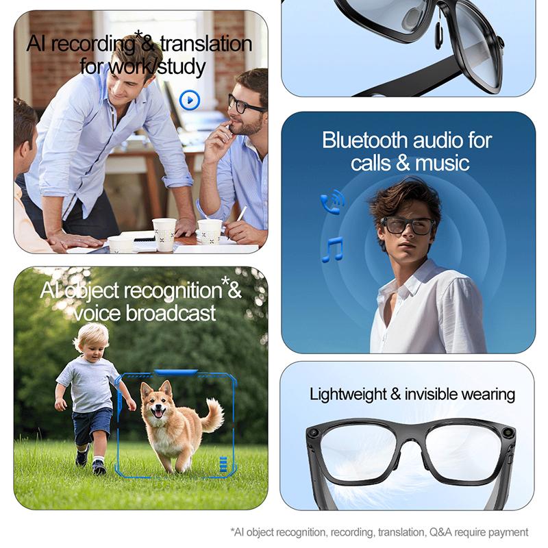 AI Smart Glasses 1080P HD Camera Video Recording Real-time Translation Bluetooth Call Glasses Voice WIFI Transfer Photo Eyeglass Device Phone Vr Wearable Magnetic Chargeable Anti-Blue Light