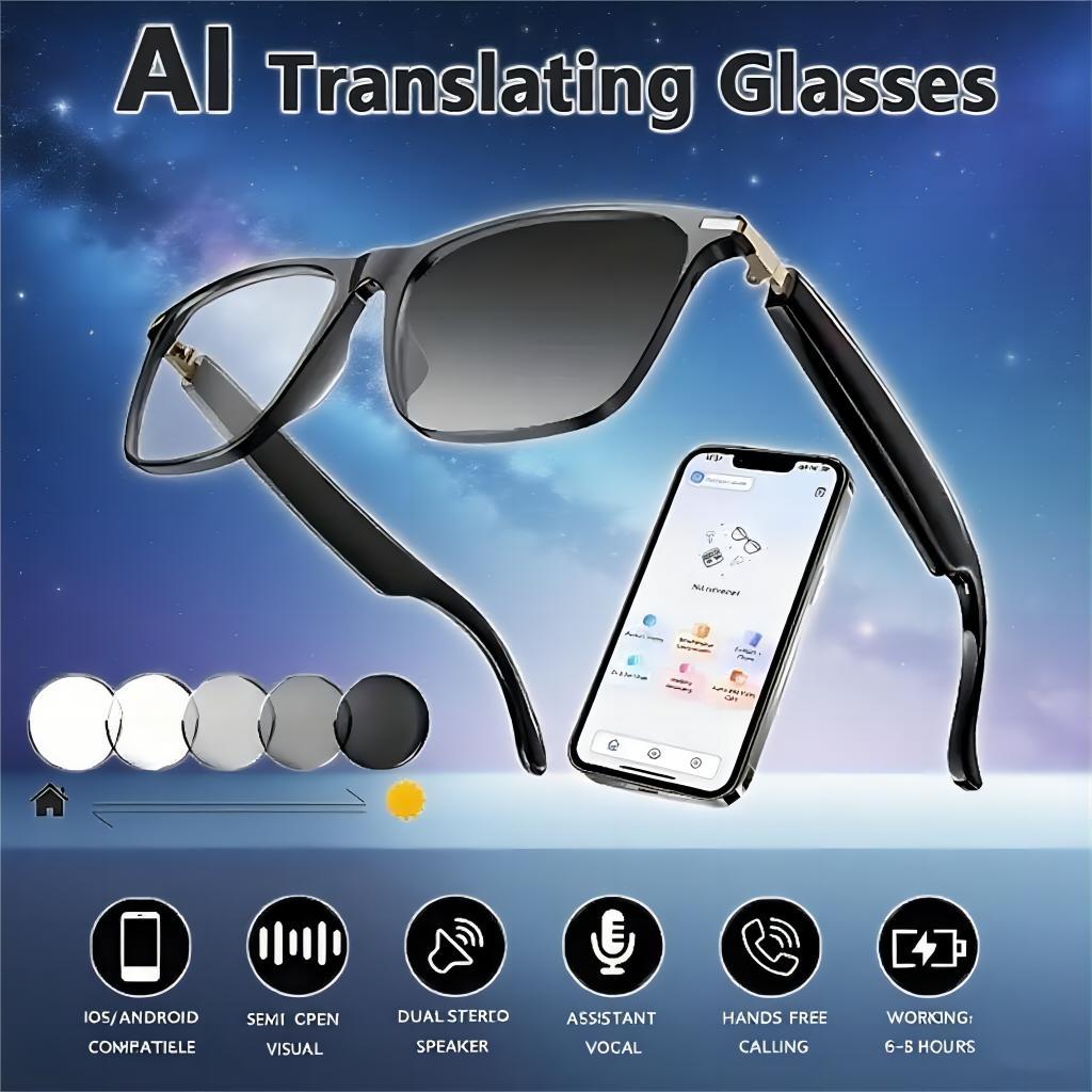 AI smart translation glasses, supporting real-time app translation in 164 languages, photochromic lenses, and flat gray lenses. Wearable Black - Image 5