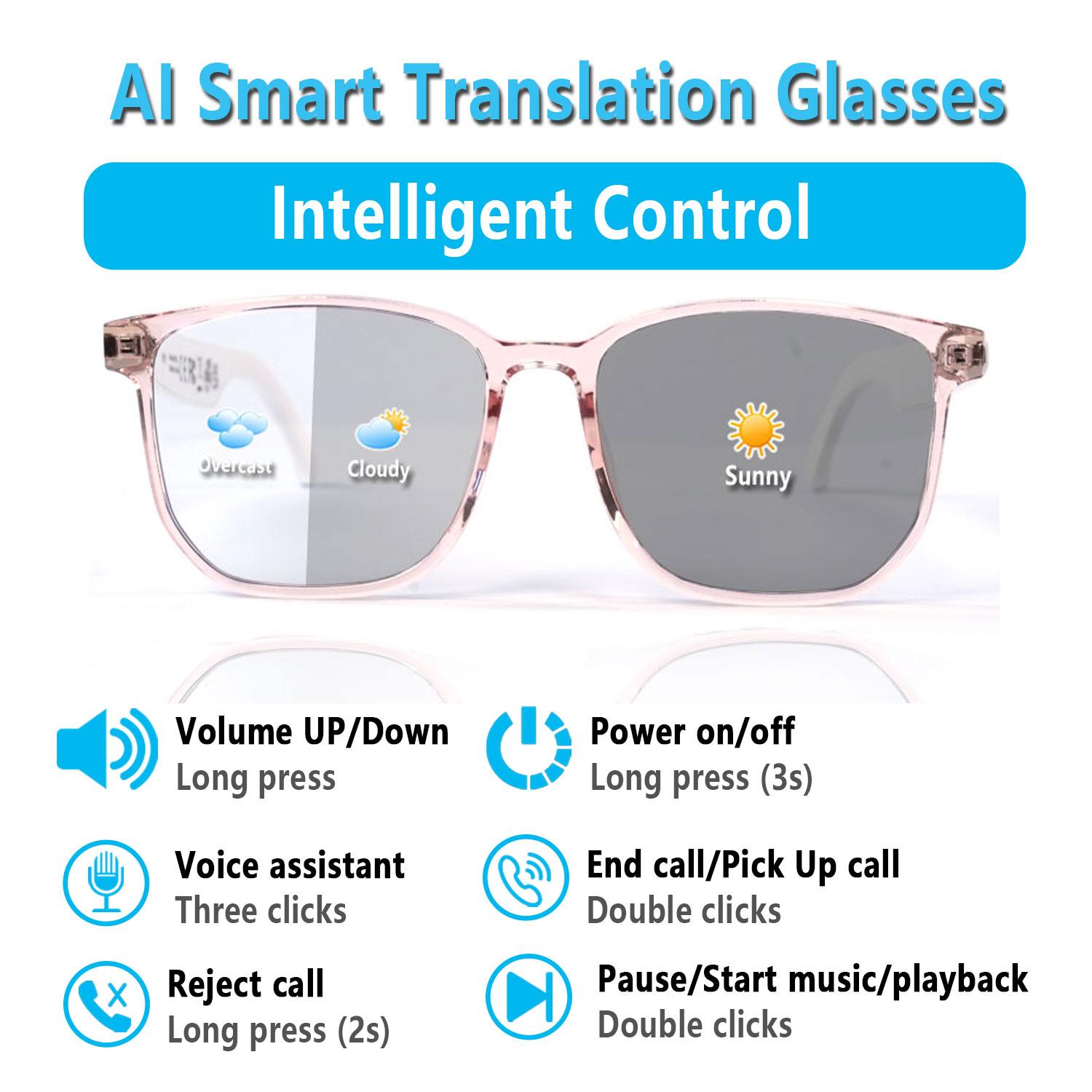Smart AI translation audio glasses, real-time app translation in over 160 languages, light-sensitive color-changing lenses Wearable White - Image 3