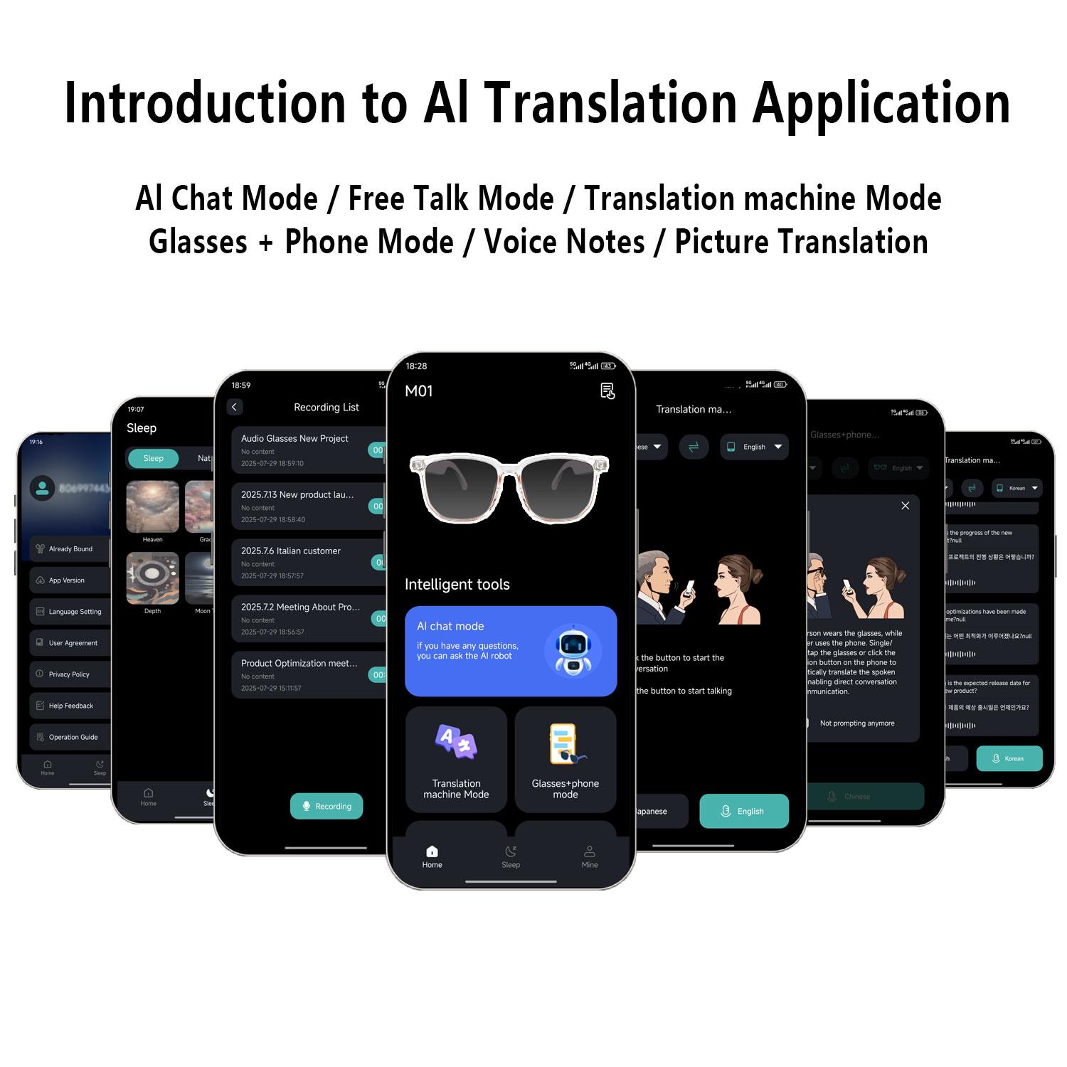 Smart AI translation audio glasses, real-time app translation in over 160 languages, light-sensitive color-changing lenses Wearable White - Image 5