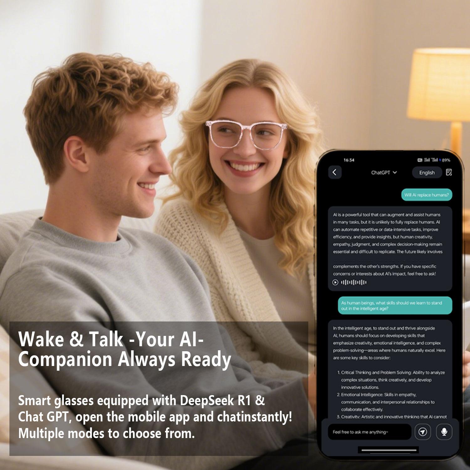 Smart AI translation audio glasses, real-time app translation in over 160 languages, light-sensitive color-changing lenses Wearable White