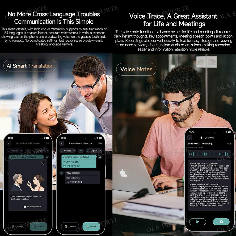 AI Smart Translation Glasses Bluetooth Call Remote Music 164 Video Online Language Translator Voice Note UV400 Sunglasses 2025 Automatic Device - Image 3