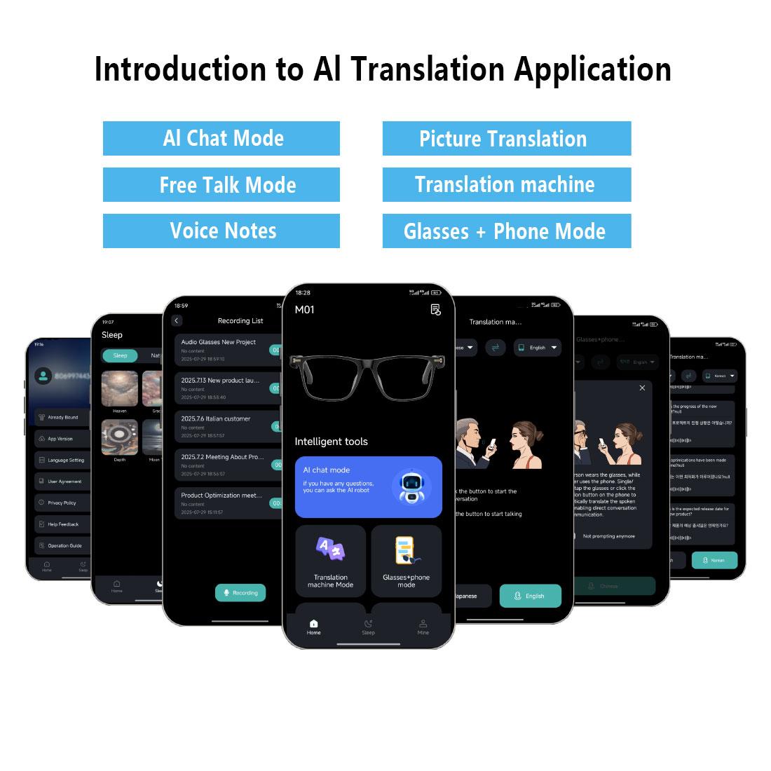 Smart AI translation glasses, real-time app translation in 164 languages, photochromic lenses, flat gray-black lenses. - Image 4