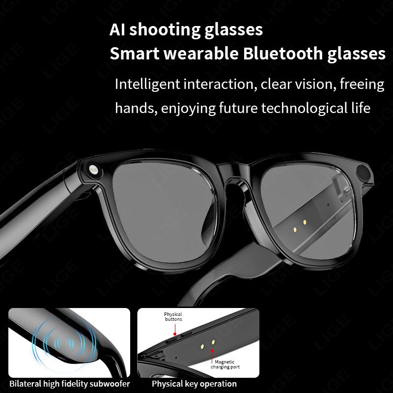 LIGE AI 800W Camera Smart Glasses 1080P HD Video Recording Translation Object Recognition Bluetooth Call Music Sunglasses Lenses