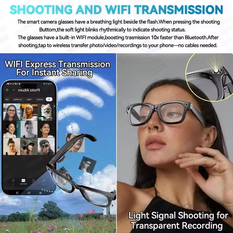 2025 New Women 4K UHD 800W Pixel Anti Shake Camera Glasses AI Translation WiFi Voice Smart Glasses IP65 Men Anti Blue Light lens