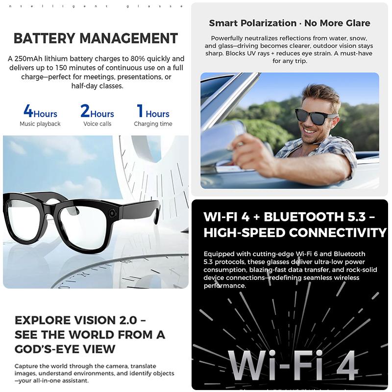 2025 New 800w HD Smart Glasses UV Protective Voice Assistant Touch Control Hands-Free Sound Surround Local Music Smart Glasses