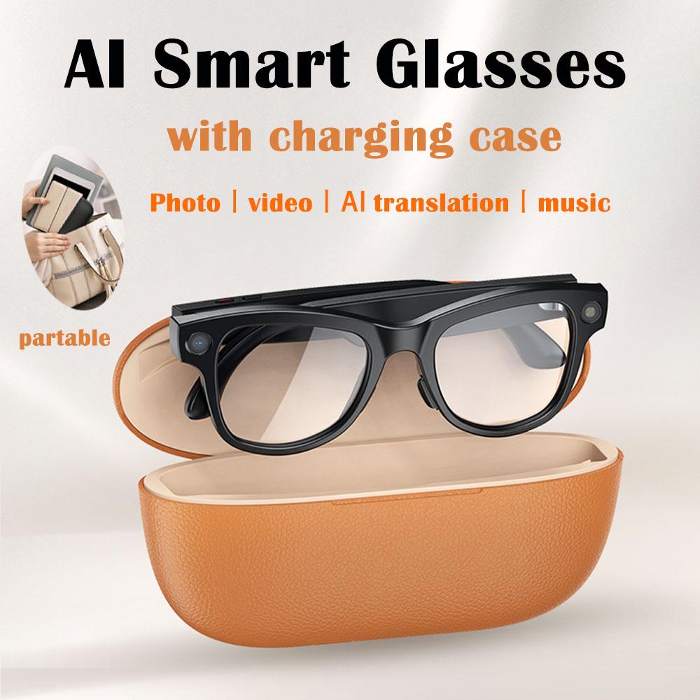 M02 AI Smart Glasses 8MP Camera Video Recording 100+Languages Translation Sunglasses Bluetooth Call Music Play with Charging Box