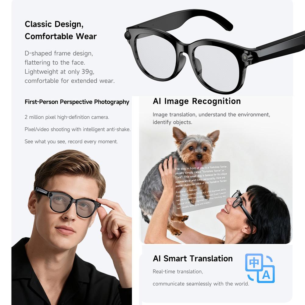 Smart glasses, AI, real-time translation, dual camera, Bluetooth calling, sunglasses, photography, media player, multifunctional, suitable for men