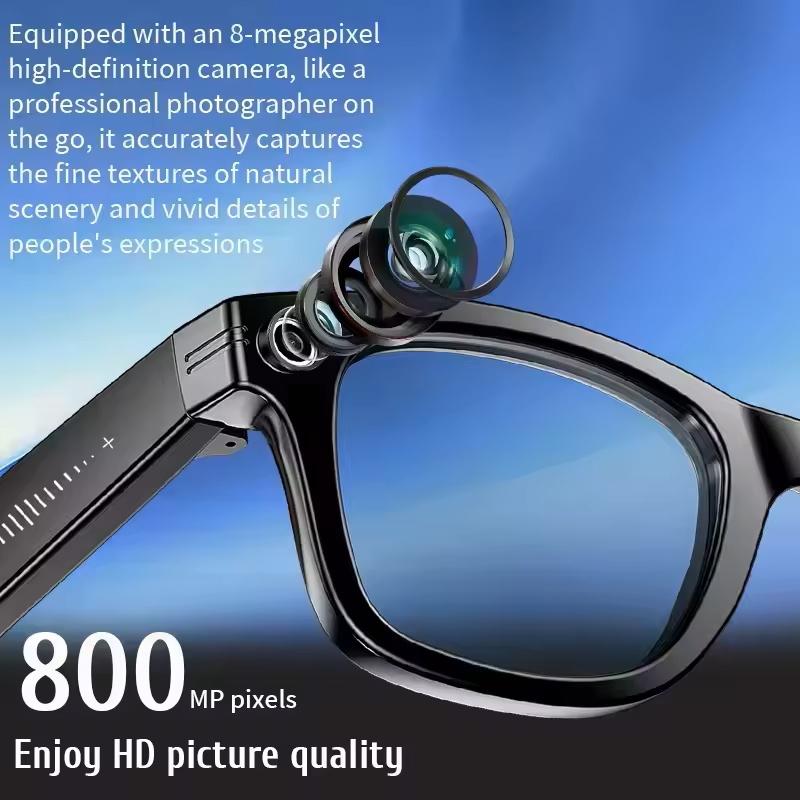 Smart Black Glasses with Camera, AI, 800W, Voice Control, WiFi and Bluetooth, HD1080P Recording, Smart Glasses, Compatible with Android and iOS