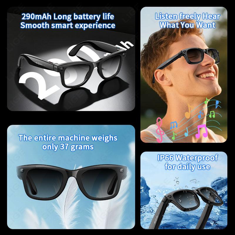 AI Smart Glasses 5 Million Pixels Recording Videos Photo Recognition Answer Translation 290mAh IP66 Waterproof Bluetooth Glasses