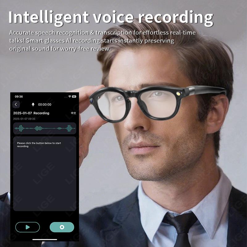 LIGE Smart AI Glasses 800W 4K HD Camera Shooting Video 290mAh Chat Voice Control Translation Bluetooth Call Color-change Lenses