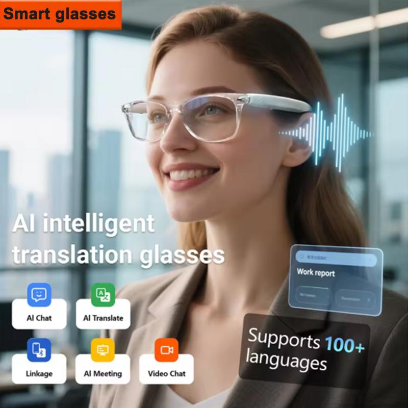 Smart Glasses with AI Translation, Supporting Over 100 Languages, Make and Receive Calls, Music Playback, Noise Reduction, Lightweight, Designed for TWS Use, Suitable for Men and Women