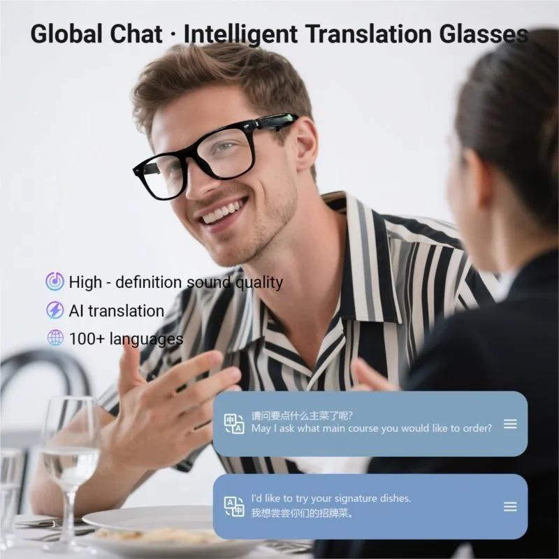 Smart Glasses with AI Translation, Supporting Over 100 Languages, Make and Receive Calls, Music Playback, Noise Reduction, Lightweight, Designed for TWS Use, Suitable for Men and Women